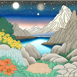 Colourful, peaceful, Hiroshige, Henri Rousseau, night sky filled with galaxies and stars, rock formations with fossils, flowers, one-line drawing, sharp focus, 8k, deep 3d field, intricate, ornate