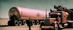 Long haul Trucker liberation army, Alberta Desert, cinematic, Fuji Film, Anamorphic lens, 2040s, deep depth of field, in a Cyber punk WW3 film