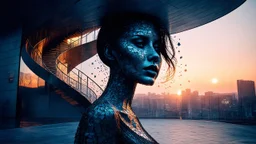 Woman fragmented into architectural elements, reflective glass facade forming a female face, spiral staircase following the shape of a body, illuminated advertisements integrated into the structure, cold sunset light, cyberpunk architectural style, avant-garde composition