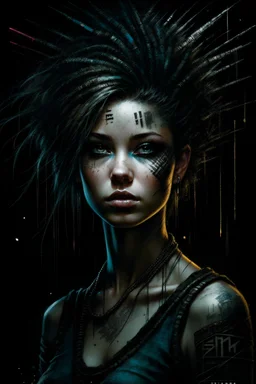 Dark gritty dirty rough tattered portrait of a punk goth with a quirky personality, dreadocks, motifs of reflection and perfection, horror, dystopian, ruin, post apocalyptic, devastation, intricate stunning, dramatic colors, detailed background, highly detailed picture of a woman, art by Jeremy Mann and Tsutomu Nihei and Bella Kotak