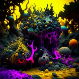 Irregular black spots, 8k, 3d render, Zdenek Burian, melting horror, tridimensional figures, intricate patterns, forest, sinister scribbles, colors, shot on Hasselblad, Yves Tanguy, tragicomic