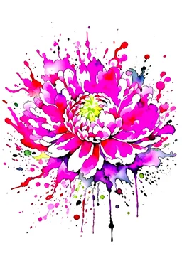 detailed illustration of watercolor paint of Quinacridone Magenta, Titanium White and at the center surrounded by, flower bloom, wild leaves, oversaturated, ink splash, detailed watercolor effect, 4K resolution, 4D, white background.