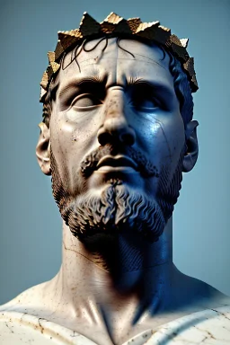 Ultra Realistic image, Roman sculpture, white marble material, Lionel Messi, gold crown of natural thorns, god crown, Renaissance style, sun rays background, waist up portrait, epic, celestial, cinematic lighting, God lights, 4k resolution, smooth details, soft lighting, unreal engine 5, art station, substance 3d.