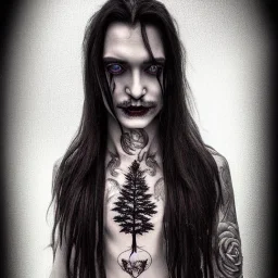 perfect long-haired Vampire, perfect eyes,perfect vampire face, full tattoos of roses art and trees extending past face and morphing into galaxy, 8k resolution, high-quality, fine-detail, intricate, digital art, volumetric lighting ,highly detailed, masterpiece, delicate detailed, sharp focus, insanely detailed, fantasy art, intricate detailed, elegant, fog, Special Lighting, Vibrant, color Scheme, forest, unreal engine 5, trending on artstation ,style Daniel Merriam , portrait .