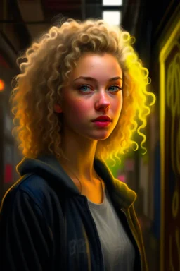 art grafitti background, a cute curly blonde female chat robot that stares at us like we are the prettiest demons she has ever seen, its such a perfect day, motion blur, smoke, 8k, downlight, soft light, depth of field, photorealism, trending on art station, lotsa detail