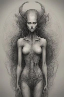Drawing of a beautiful female human in the style of Scorn, Giger, Beksinski, Leonardo da Vinci. Full body.thin lines draw style