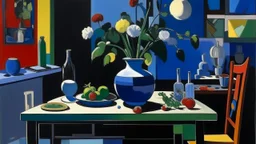 a painting of a table with a vase on top of it, a still life by Romare Bearden, cgsociety, american scene painting, dynamic composition, academic art, oil on canvas