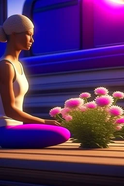 woman doing yoga on the buss with flowers, 4k, downlight, soft light, depth of field, photorealism