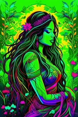 Indian woman with long black hair. She is the goddess of horticulture. She’s covered in millions ultra bright neon strings emanating from her body. beautiful backlit silhouette, high detailed, covered in neon vines and leaves and flora. Green color palette.