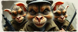airbrush and pen outline, french art , extreme close up on cheeky fluffy weasel hairy goblin military prison guard troupe news anchor elf family scumbag , pinhole cam, airbrush 3d rendering, in the style of Titian and Rembrandt