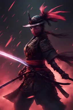 a masked female samurai warrior in action and unleashing an attack against enemies with her mystical katana in a grim battle, full body GALAXY armour, plumes of jet black smokes, charcoal, vibrant colour blast, sengoku period, incredibly detailed, morbid, dark, key visuals, renaissance, volumetric light, atmospheric, greg retkowski style, in peter mohrbacher style, highly realistic, ultra wide epic shot, genshin impact