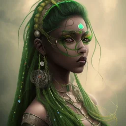fantasy setting, insanely detailed, dark-skinned woman, indian, black hair, green hair strand, green lock of hair, green strand of hair, green curl of hair