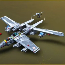 3d isometric rendering of vtol plane buildt by lego blocks