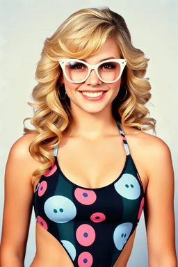 full color image, 1980's yearbook photo, girl, Dolly Parton, 18-year-old, a sly, clever smile on her face, 1980's style two-piece swimsuit, 4k UHD, photorealistic, big cat-eye eyeglasses, full body, head to toe,