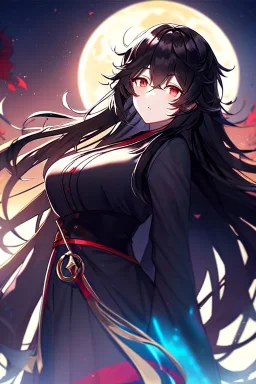 girl, masterpiece, best quality, cinematic lighting, detailed outfit, vibrant colors, perfect eyes, perfect eyes, black hair, red eyes, messy hair, long hair, full moon,