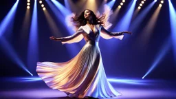 a 3d fractal stage structre made of metallic dark color 3d structures, pertty artistc background,dynamic lights,a beautiful lady in pretty maxi skirt and blouse dancing on stage