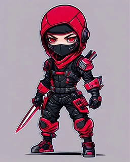 dibujo de contorno de un Ninja Chibi negro y rojo con traje cyberpunk, full body