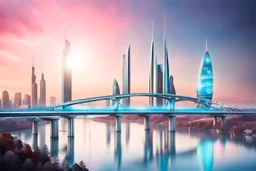 Dreamlike Skyline of Downtown futuristic hightech city in 4050 and a stunning futuristic Bridge During with dark grey clouds in sky, over the azur-silver color river, cold colors, come storm, high detalied, sci-fi, landscape