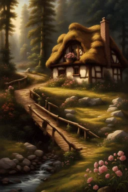 Домик в лесу The beautifully lit house of Snow White and the dwarfs, next to a quiet forest stream in a fairy-tale forest, in a picturesque spring forest highland landscape, a pebble path leads to a magic bridge, wildflowers, trees. Meticulously detailed, hyperrealistic, intricate paintings by Bernardo Bellotto, Guido Borelli da Caluso, Thomas Cole, bright colors, elegance, high definition HDR