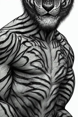 Rainforest, hybrid human man tiger, frontal, model style, hyper realistic, accurate, delicate, extremely detailed, Graphic novel style, wide-angle, front view, open aperture, superfine pencil