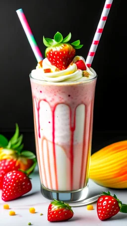 A refreshing milkshake made with fresh strawberries and vanilla ice cream, served in a tall glass with a striped straw and a sprinkle of rainbow sprinkles.