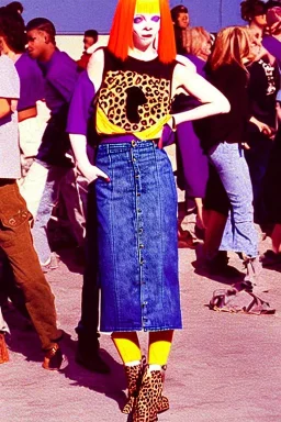 year 1996 denim fashion. Loose skirt, low waist. Combat pants and t-shirt. Colors: denim blue, blue, purple, cream, khaki, light green, lilac, plum, orange, terracotta, red, light yellow, pink, dark blue, beige. Latex in small part. Cheetah pattern. Gwen Stephani, Shirley Manson.Cargo pants