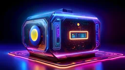 A technologically advanced quantum Pac-Man device stands at the center of attention, exuding an aura of thrill and sophistication. In this concept art, a visually striking digital painting captures the device in exquisite detail. The interplay of sleek metallic surfaces and glowing neon accents, intertwined with intricate circuitry and mesmerizing light patterns, lends an air of futuristic elegance. The image showcases the device's impeccable craftsmanship, evoking a sense of awe