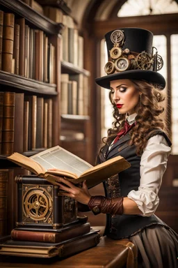 nice woman in hat reading a big old book in steampunk outfit, big windows, library, sharp focus, professional photo Professional photography, bokeh, natural lighting, canon lens, shot on dslr 64 megapixels sharp focus steampunk engine and things background