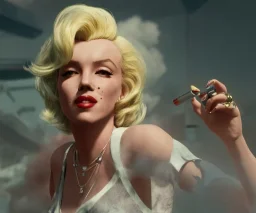 Marilyn Monroe, smokes a cigarette, cyberpunk2077, photorealistic illustration, 4k