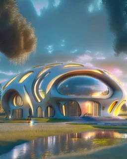 Casa campestre futurista, arquitectura paramétrica,formas ovaladas, iluminación cinematográfica, hiper realista, 8k