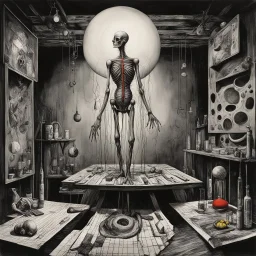 Autophagy body consuming itself, moral hazard, rule of thirds, by Gerald Scarfe, by Joel Peter Witkin, by Joe sorren, asymmetric surrealism, volumetric lighting, existential dread, colorful, surrealism, primary colors, bar code art effect