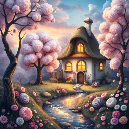 create a whimsical fairy tale landscape painting with a glowing storybook cottage of curved walls and thatched roof, nestled among fantastical pastel trees with cloud-like lavender, mint, peach, and cream foliage, a sparkling stream reflecting the colorful sky, abundant textured wildflowers like cotton candy and sea urchins in pastel shades, glowing windows, climbing vines with delicate blossoms, highly detailed dreamlike textures, soft diffused magical light --ar 16:9 --v 7 --style 4b --q 2