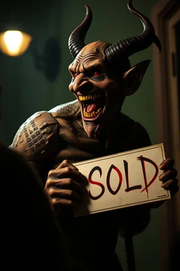 A realistic ghoulish laughing devil leaning forward at an angle as if over someone's shoulder, facing right, holding a large sign that says "SOLD" in clear letters. No humans, no extra subjects, cinematic horror lighting.