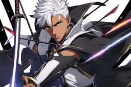 Shirou with black skin and white hair in 8k anime fate stay night drawing style, archer them, archer custom, close picture, neon, intricate details, highly detailed, high details, detailed portrait, masterpiece,ultra detailed, ultra quality