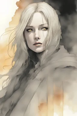 Claire from claymore. A soft-focus image of the golden sunset casting a warm glow, create in inkwash and watercolor, in the comic book art style of Mike Mignola, Bill Sienkiewicz and Jean Giraud Moebius, highly detailed, gritty textures,