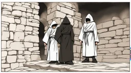 black robe hooded monks in the stone castle