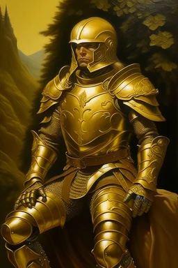 1970's dark fantasy cover dnd style oil painting of a golden armor hero with sport outfit and motorcycle with minimalist far perspective. Magazine.