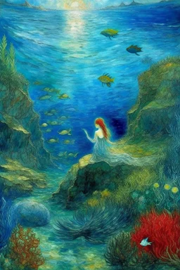 A beautiful blue mermaid kingdom painted by Claude Monet