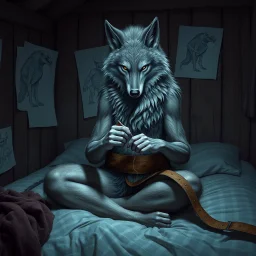 full wolf furry on her body an anthropomorphic wolf woman hybrid sitting in the middle of a bed with a sewing needle and thread in her paw sewing a wide material belt, around her in the background are some paper with sketchy line kind drawings from monster on the walls of the wooden house, high realistic, detailed, cinematic, sci-fi, digital art, dark fantasy mood