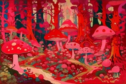 A magenta forest filled with mushrooms and fungus painted by Wassily Kandinsky