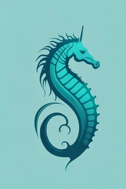 minimalist logo featuring seahorse in a katamaran in gothic style and blue-green hues.