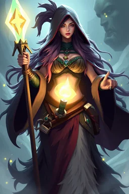 good low poly merman thief priest woman with long fur all over her entire body and bright aura