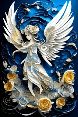 paper 'quilling of an angel with white wings, walking in fluid gold and silver with love and peace, vivid blue smoke and golden ornaments and pale blue roses swirling around, full moon, angelcore, birdcore, papercore.'