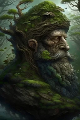 bearded man's head made of ancient weathered stone with a landscape growing on it admidst trees, roots and vines and moss. matte painting by Tomasz Alen Kopera, Dariusz Zawadzki, Zdzisław Beksiński, surreal, colourful, concept art, award winning. razor sharp quality