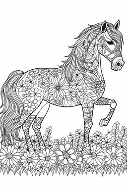 outline art for horse coloring pages with horse and flowers, white background, Sketch style, full body, only use outline, clean line art, white background, no shadows and clear and well outlined