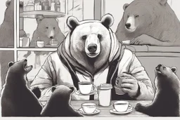 Bear drinking coffee with human friends