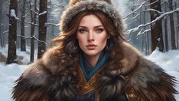 winter, portrait (1woman, russian), (medium full shot), (sitting:1.1), feather hair, hyperrealism, digital painting, unreal engine, blender art by artgerm and greg rutkowski and alphonse mucha, perfect composition, beautiful complex insanely detailed octane rendering, oil on canvas, raphael, caravaggio, beeple, beksinski, giger, (forest) in the background
