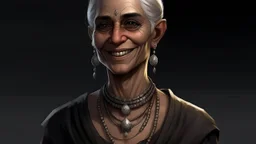 Adel has black, sunburnt skin and hazel eyes. Her gray hair is slicked-back. She has a slight underbite and gleaming teeth. She's wearing dull necklaces made of platinum. Her clothes look flamboyant. There's an oddly-colored birthmark on her right hand.