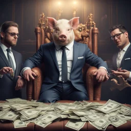 rich pig in suit on a throne making stacks of money by making a deal with a buisnessman. background of musicians