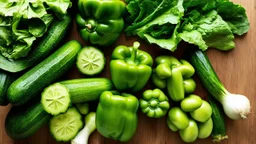 A close-up of a variety of green fruits and vegetables, including cucumbers, green bell peppers, and leafy greens, arranged artfully on a wooden table.